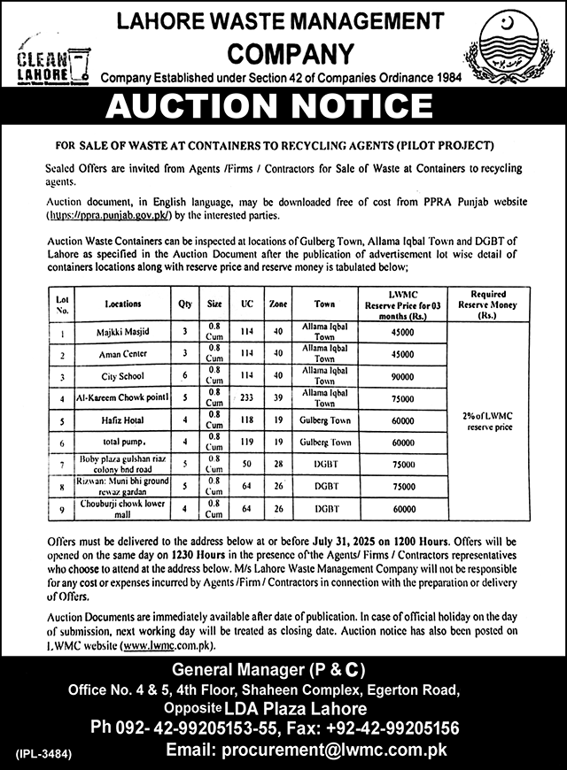Lahore Waste Management Company Lahore Tender Notice
